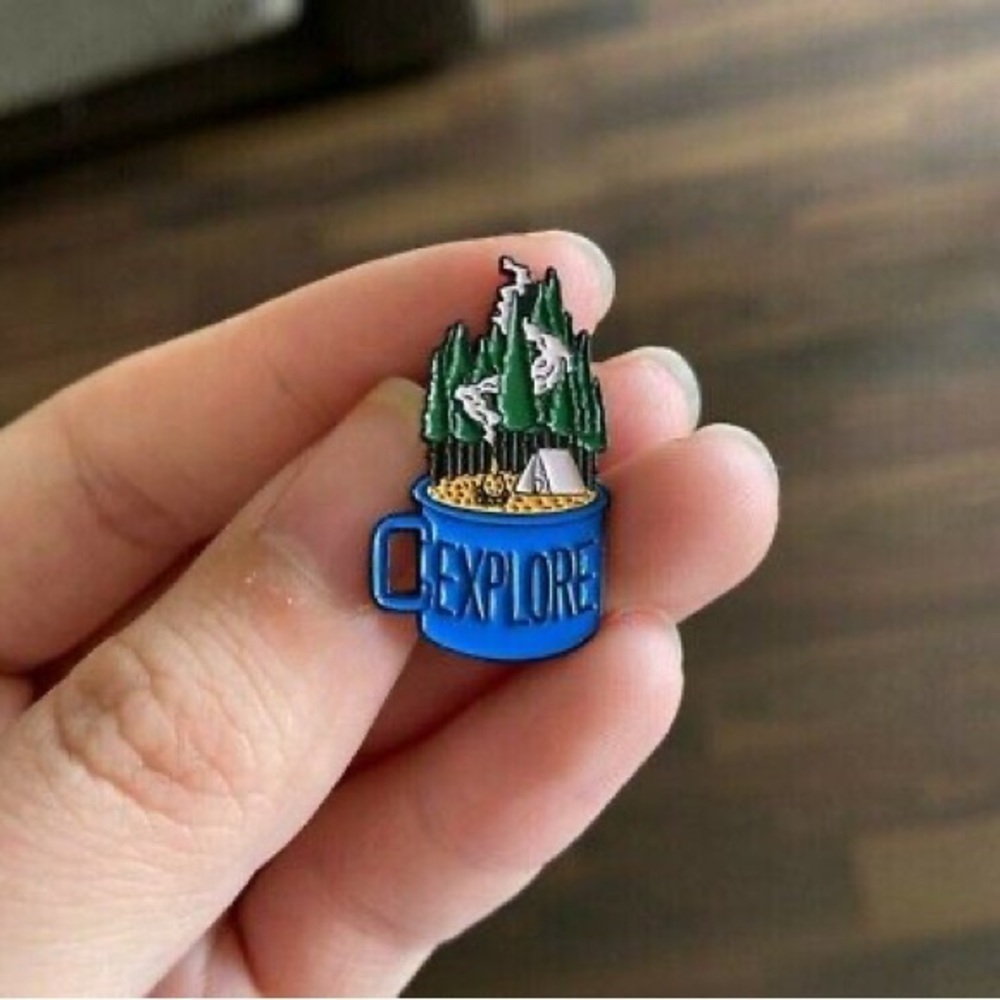 Women’s Jewelry Cute Fun Fashion Blue Explore Cup with Camping Enamel Pin